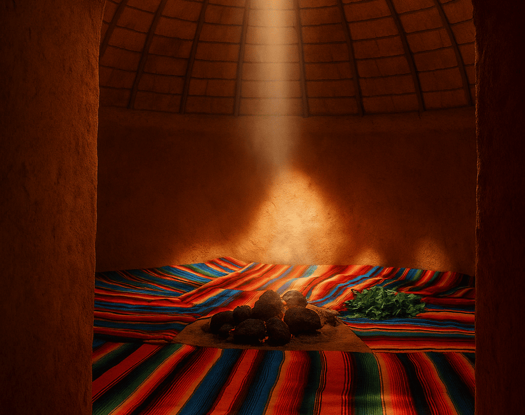 Interior de un temazcal circular de adobe iluminado por un rayo de luz; sobre mantas multicolores se ven piedras volcánicas calientes y un manojo de hierbas aromáticas.