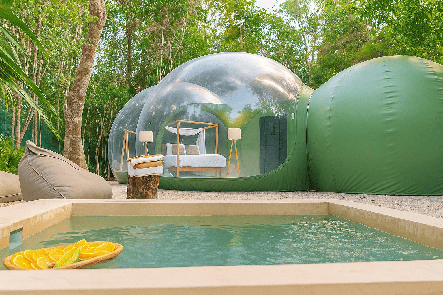 Burbuja transparente de glamping en la selva, con cama con dosel vista a través del domo; enfrente, piscina rectangular con rodajas de cítricos flotando, un puf gris y un tronco con toallas, todo rodeado de árboles y vegetación tropical.