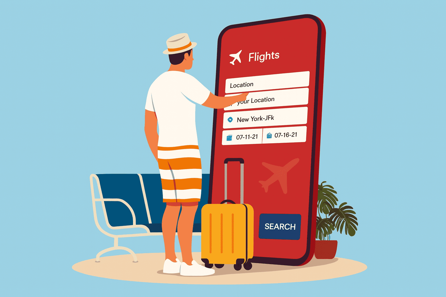 Ilustración en estilo caricaturesco de un viajero con sombrero y maleta amarilla interactuando con un teléfono gigante de color rojo, que muestra una pantalla de reservas de vuelos en un entorno similar a un aeropuerto.