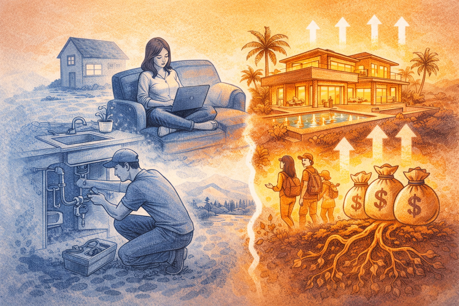 Ilustración en estilo dibujo que muestra cómo Nantli Living permite escalar servicios locales al convertirlos en activos reales, contrastando trabajo operativo con crecimiento sostenible