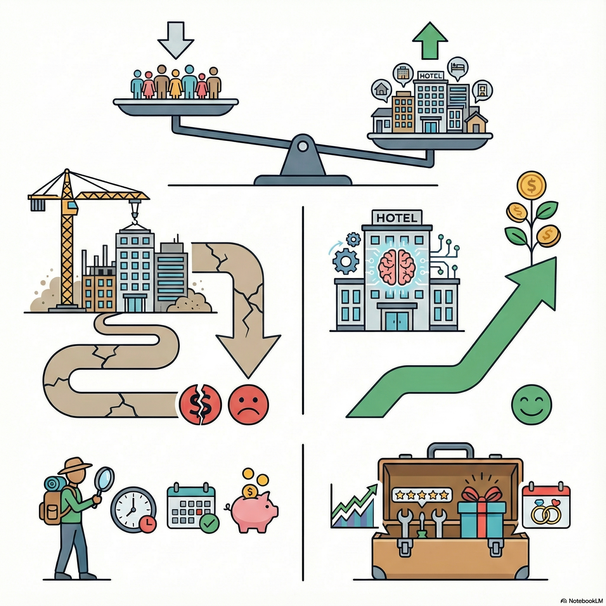 Gráfico que muestra la desaceleración de la demanda turística en México en 2025 frente al crecimiento de la oferta y la presión en tarifas hoteleras