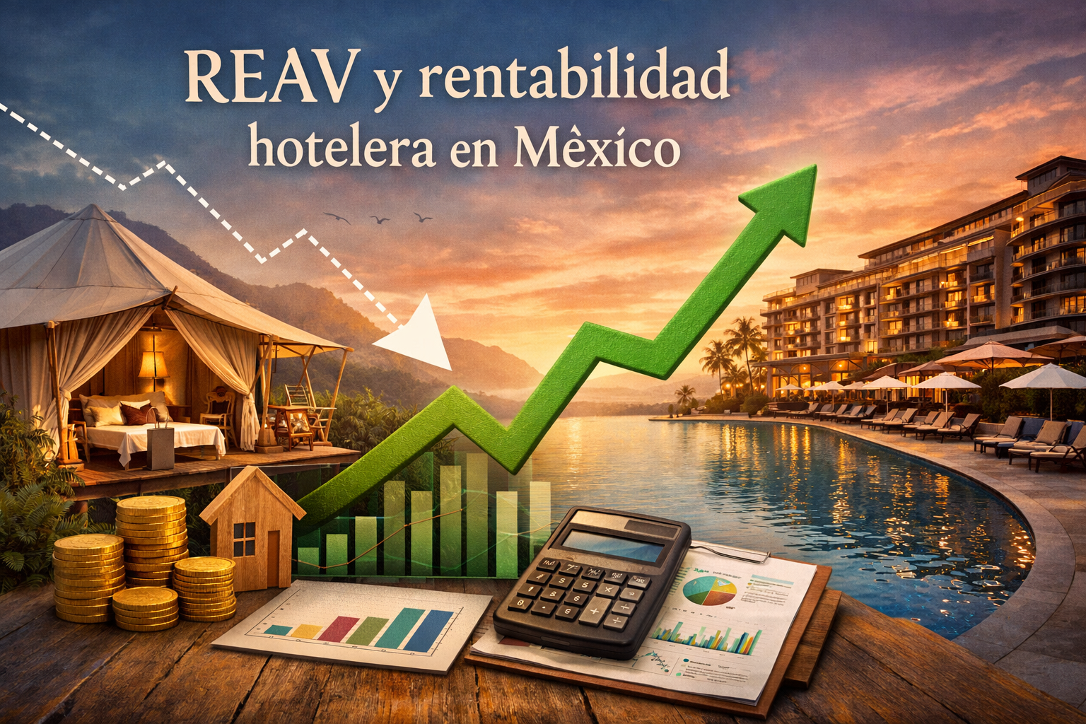 REAV y rentabilidad hotelera en México ilustrado con glamping, hotel premium y gráfico financiero ascendente.