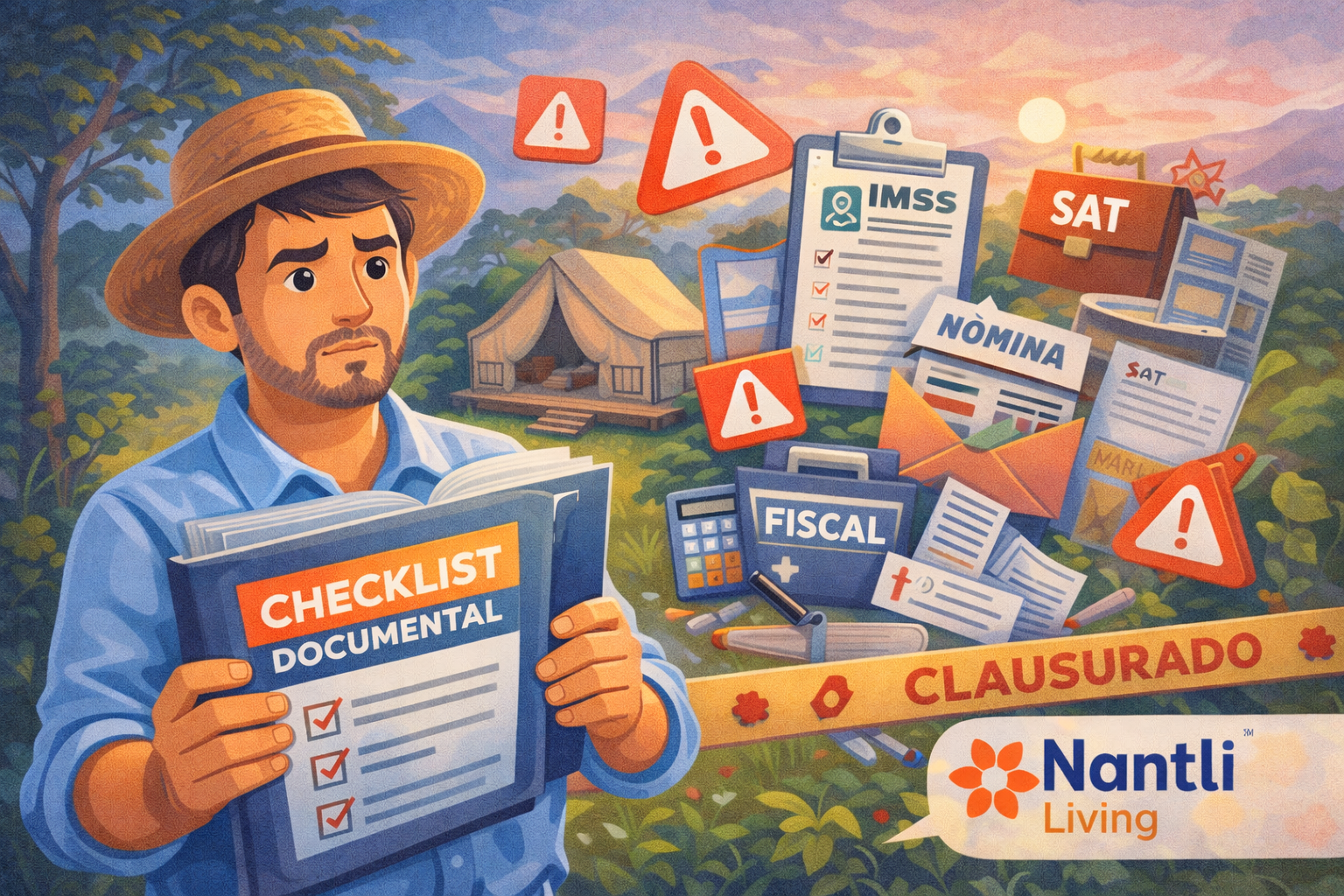 Dueño de glamping revisando checklist documental para inspecciones laborales y fiscales en México.