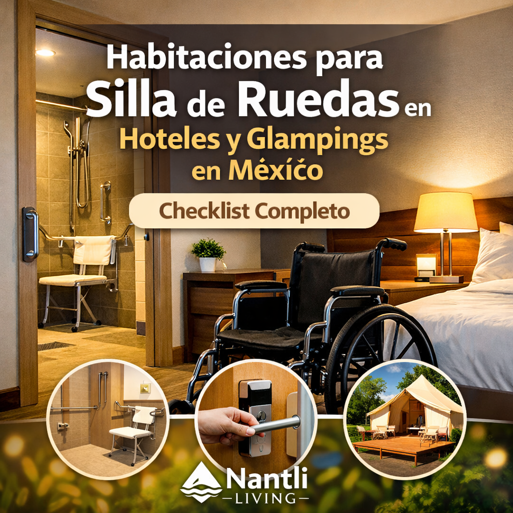 Habitación de hotel en México diseñada para personas en silla de ruedas con regadera sin escalón, barras de apoyo y espacio amplio para movilidad