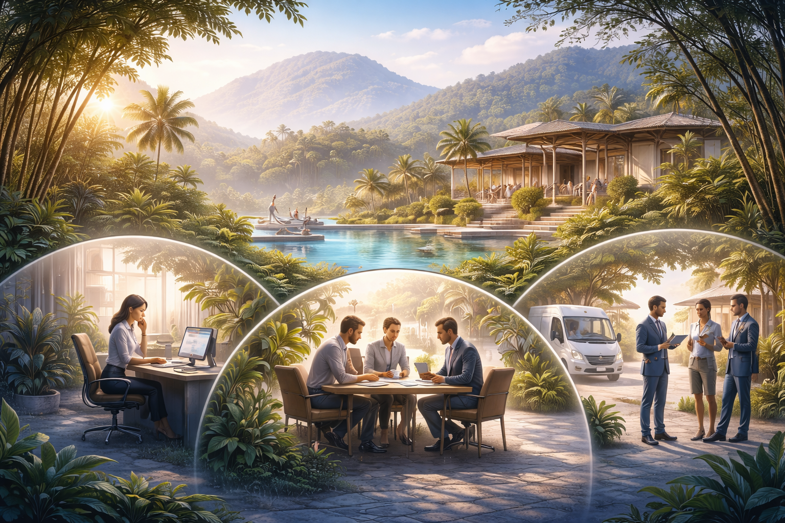 Representación visual del ecosistema turístico mostrando desarrollo hotelero, operación en destino y coordinación estratégica en entorno natural en México.