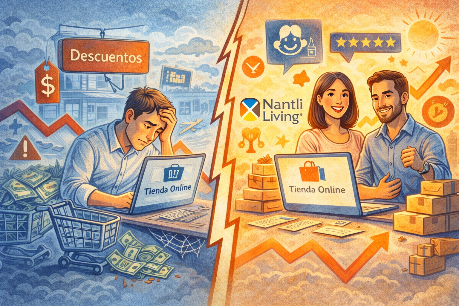 Ilustración que compara un e-commerce sin diferencial competitivo con uno que crece gracias a la estrategia de Nantli Living