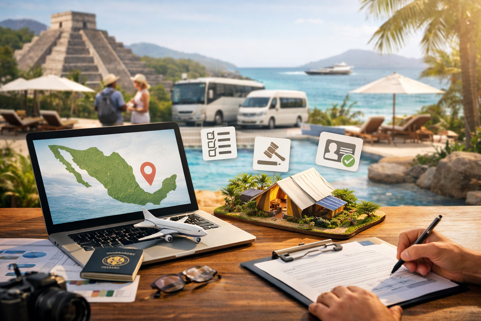 Escena de comercialización turística en México con laptop, mapa del país, documentos legales y experiencia de glamping, representando el Sistema RED y la operación responsable de agencias de viajes.