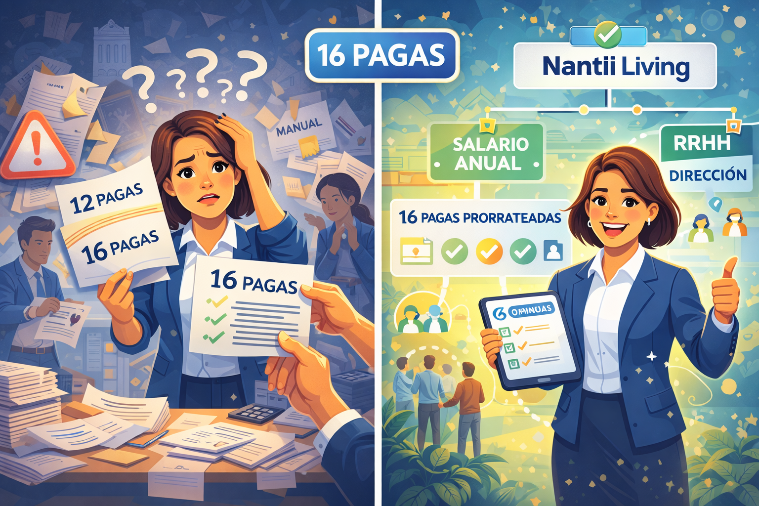 Gestión de 16 pagas sin control frente a aplicación clara y prorrateada del salario anual con Nantli Living