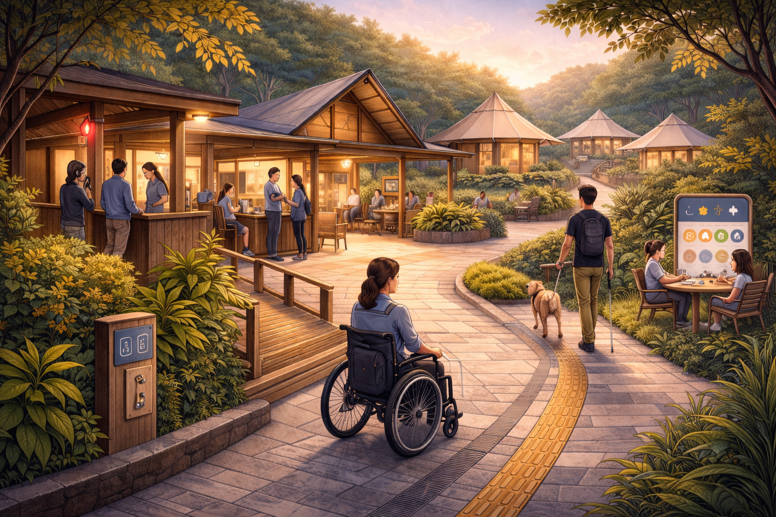 Hotel tipo glamping con accesibilidad integral que combina rampa discreta, señalización táctil y diseño inclusivo en entorno natural operado por Nantli Living.