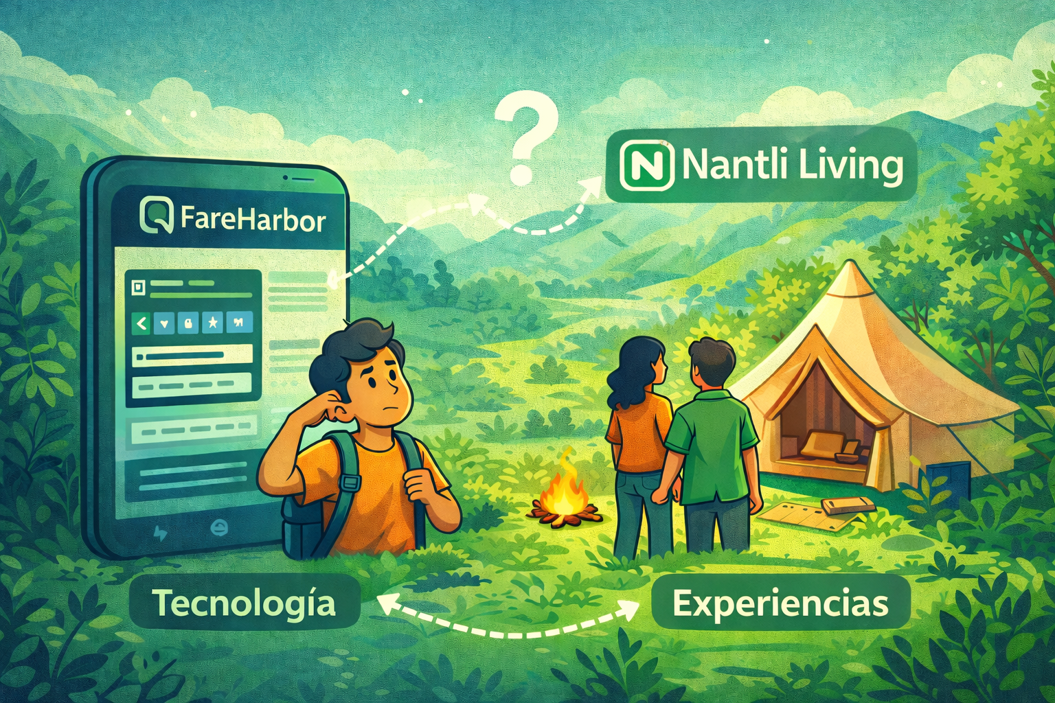 Ilustración estilo Nantli Living de un operador turístico comparando FareHarbor con Nantli Living mientras observa un glamping y experiencias de turismo de naturaleza en México.