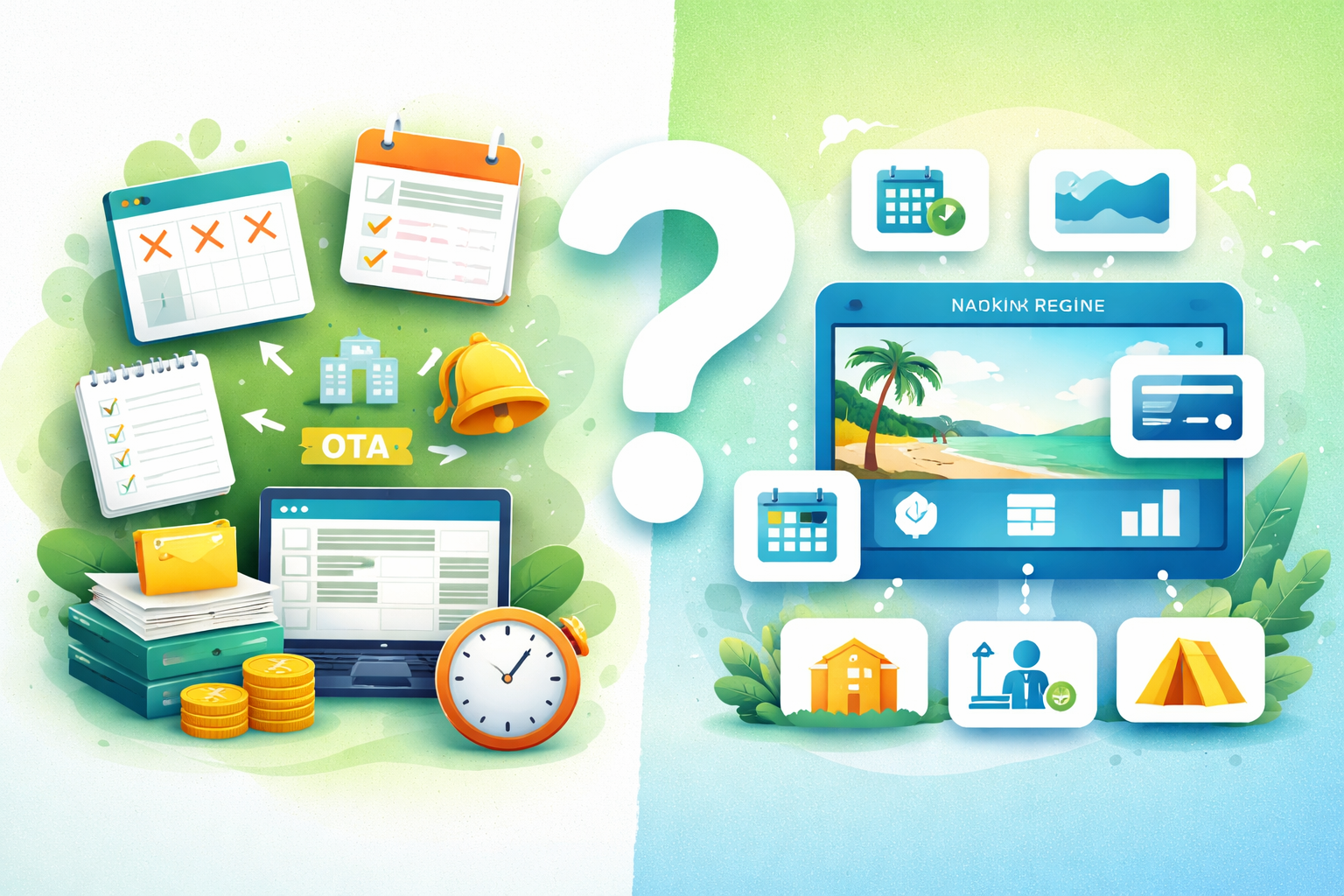 Ilustración en estilo moderno con paleta verde y azul inspirada en Nantli Living, mostrando la transición de un negocio turístico con procesos manuales y desordenados hacia una plataforma digital organizada, automatizada y lista para escalar