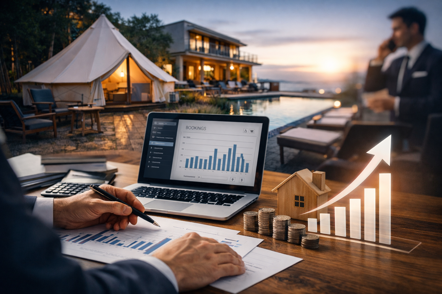Persona analizando ingresos y reservas en laptop frente a un glamping y hotel, representando la mejora del margen y la rentabilidad en hospitalidad