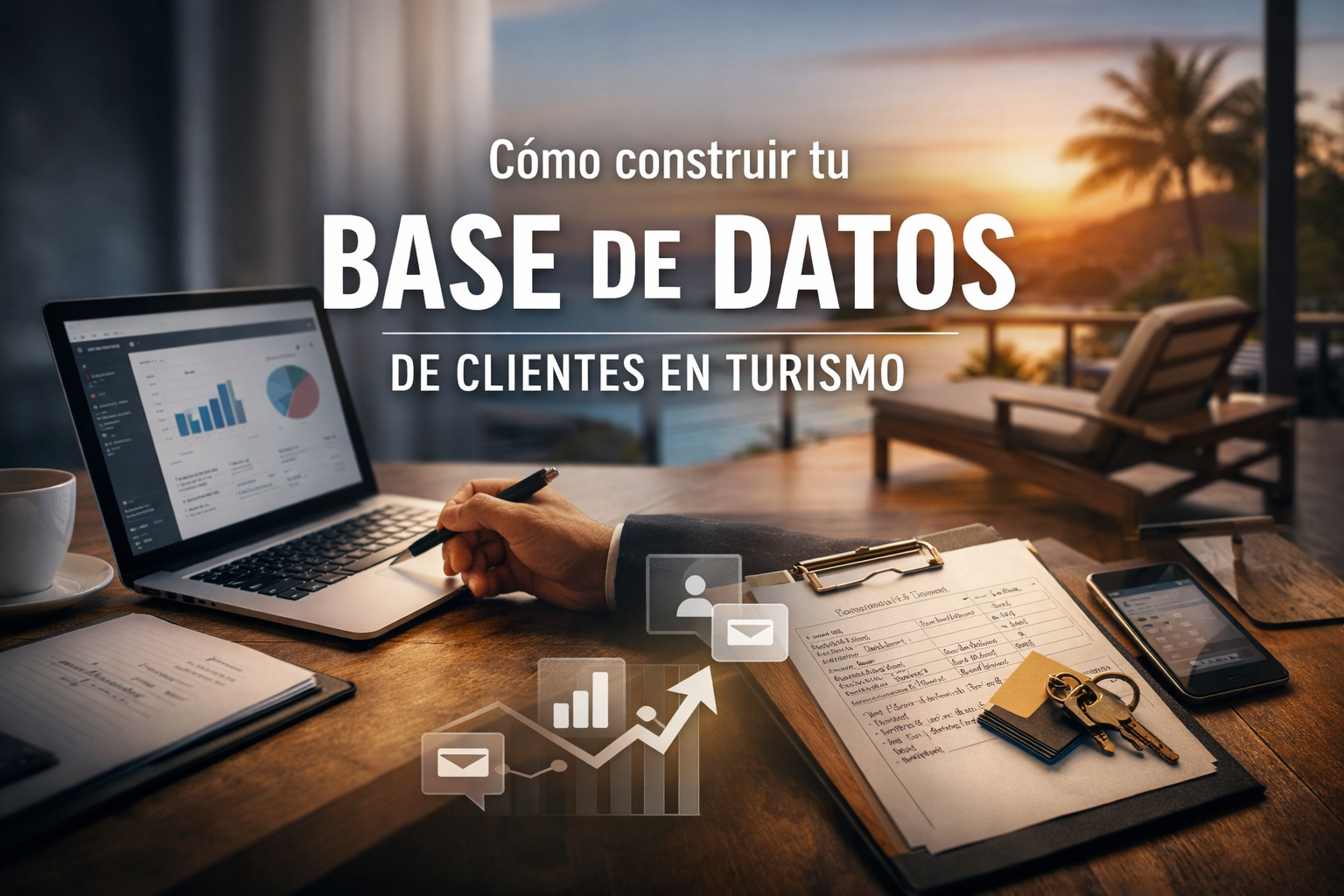 Profesional revisando datos de clientes y reservas en una laptop frente a un hotel, representando la gestión de una base de datos en turismo