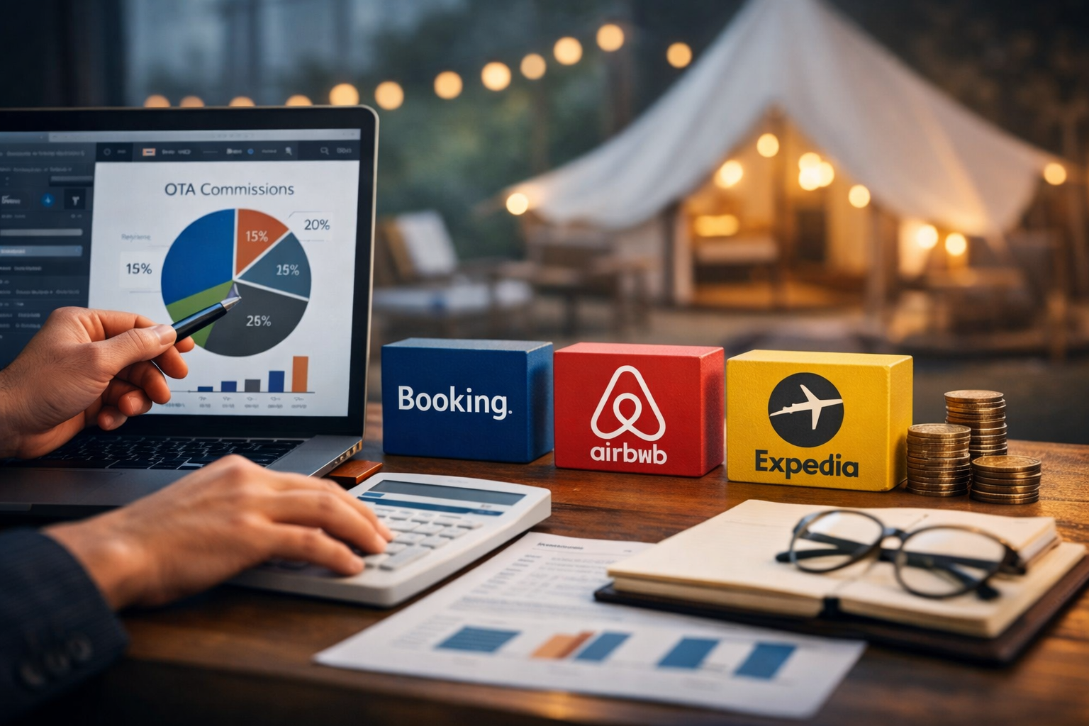 Persona analizando comisiones de plataformas como Booking, Airbnb y Expedia en una laptop frente a un alojamiento turístico