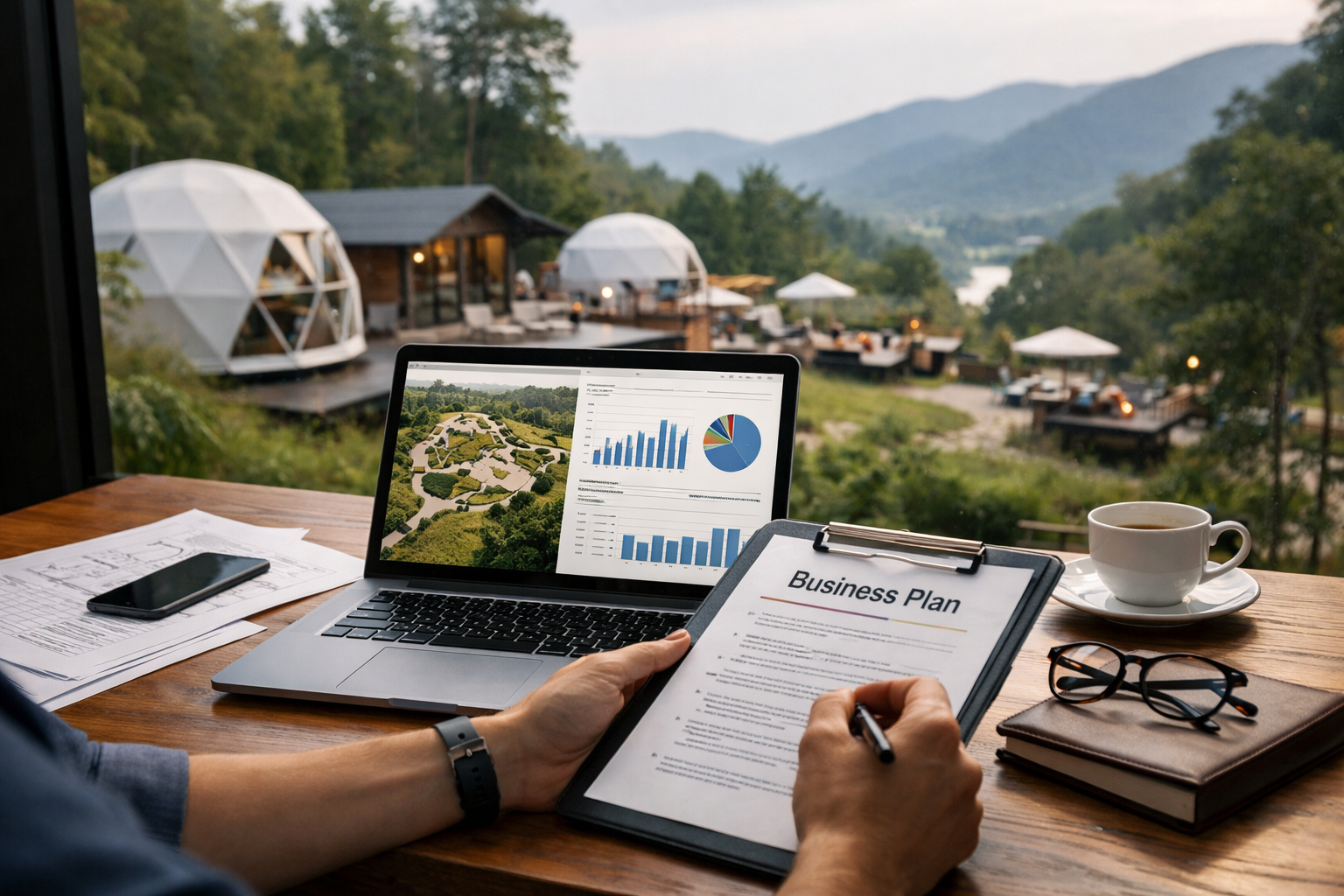 Persona planificando un proyecto turístico en laptop con documentos y vista a un glamping en la naturaleza