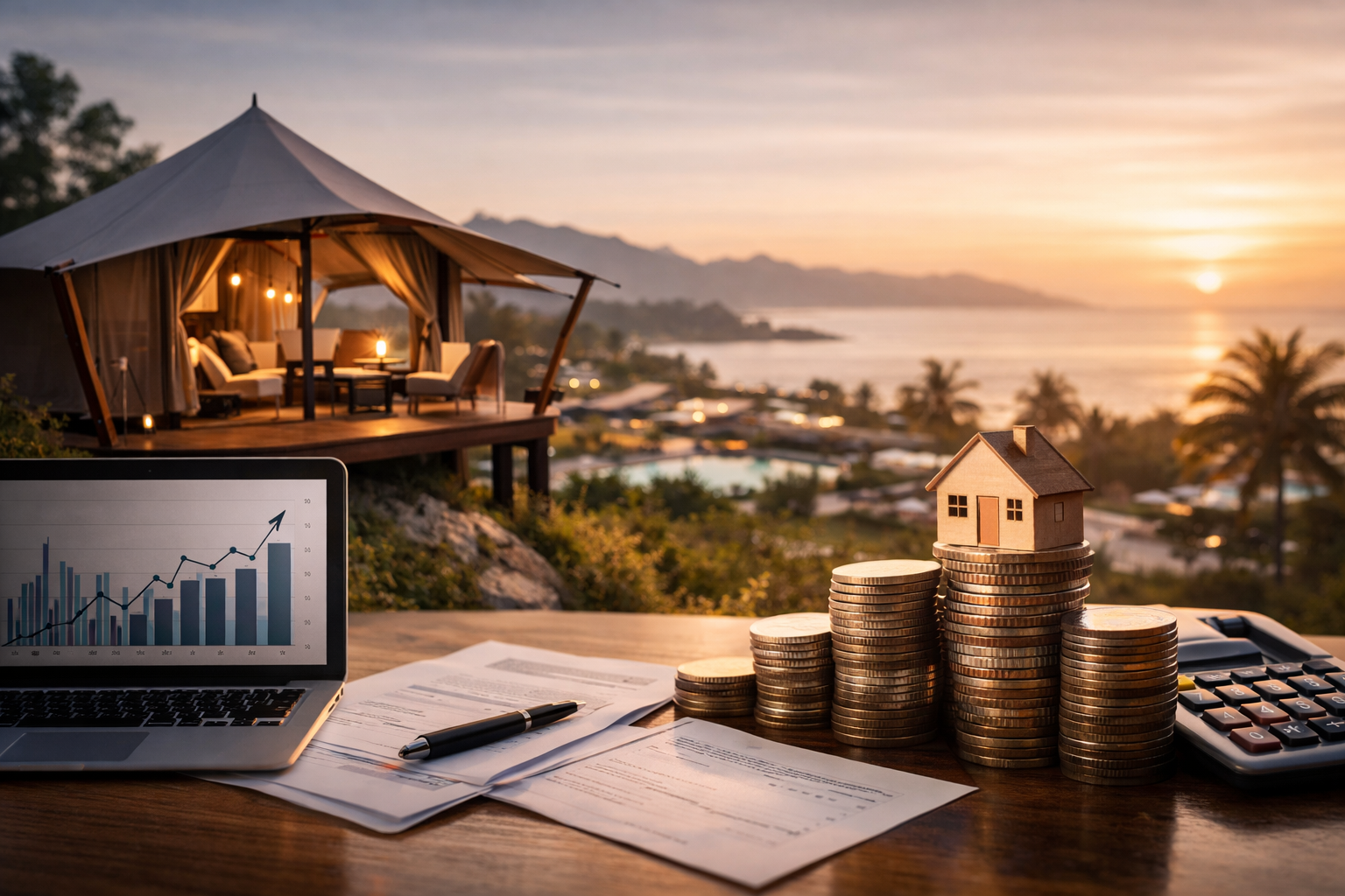 Glamping de lujo con vista al mar y elementos financieros que representan inversión y rentabilidad en turismo en México