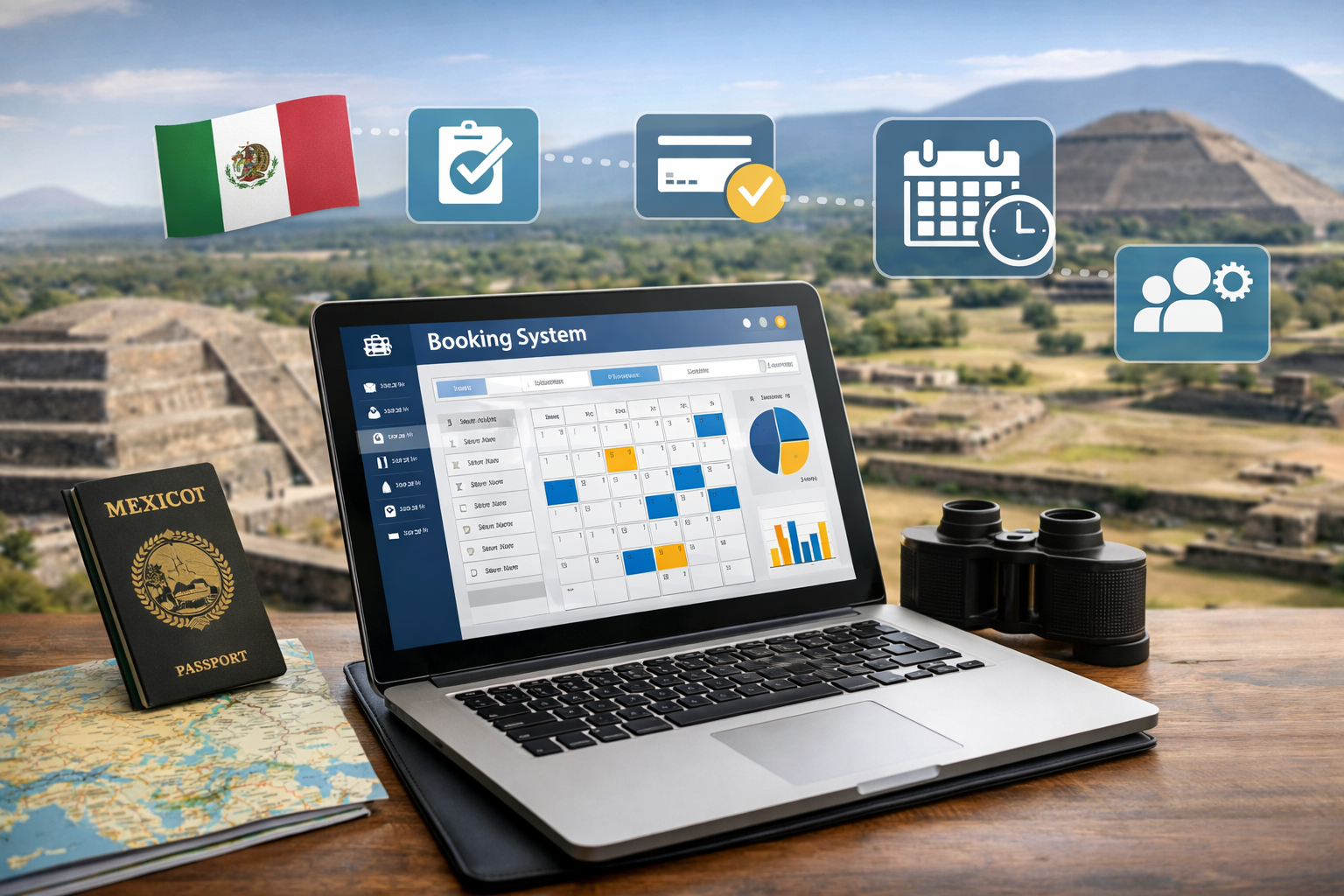 “Laptop con sistema de reservas para tours frente a un destino turístico en México, representando la elección de una herramienta digital para gestionar ventas y operaciones.”