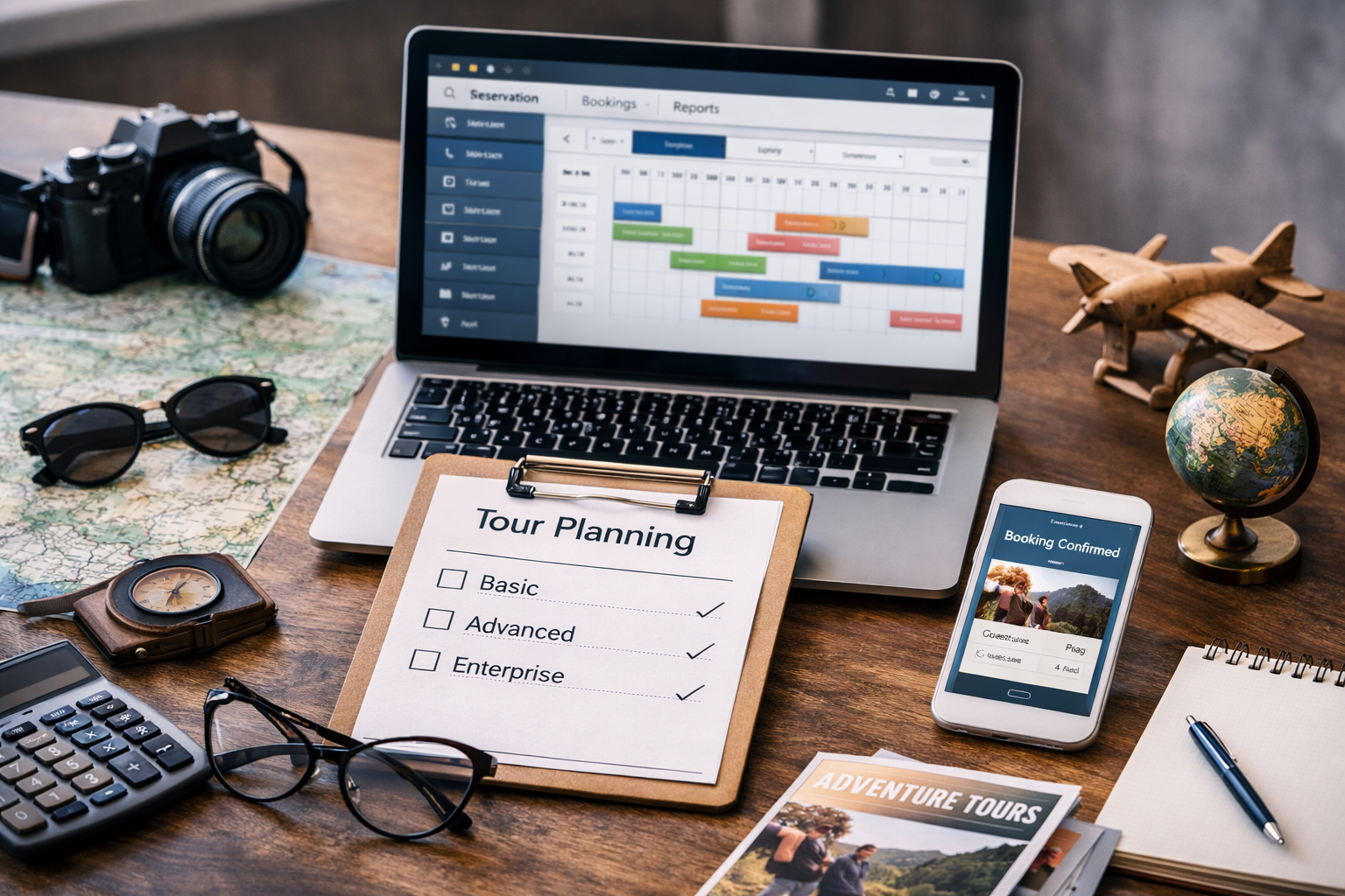 “Laptop con sistema de reservas y checklist de necesidades para tours pequeños en un escritorio con elementos de viaje”