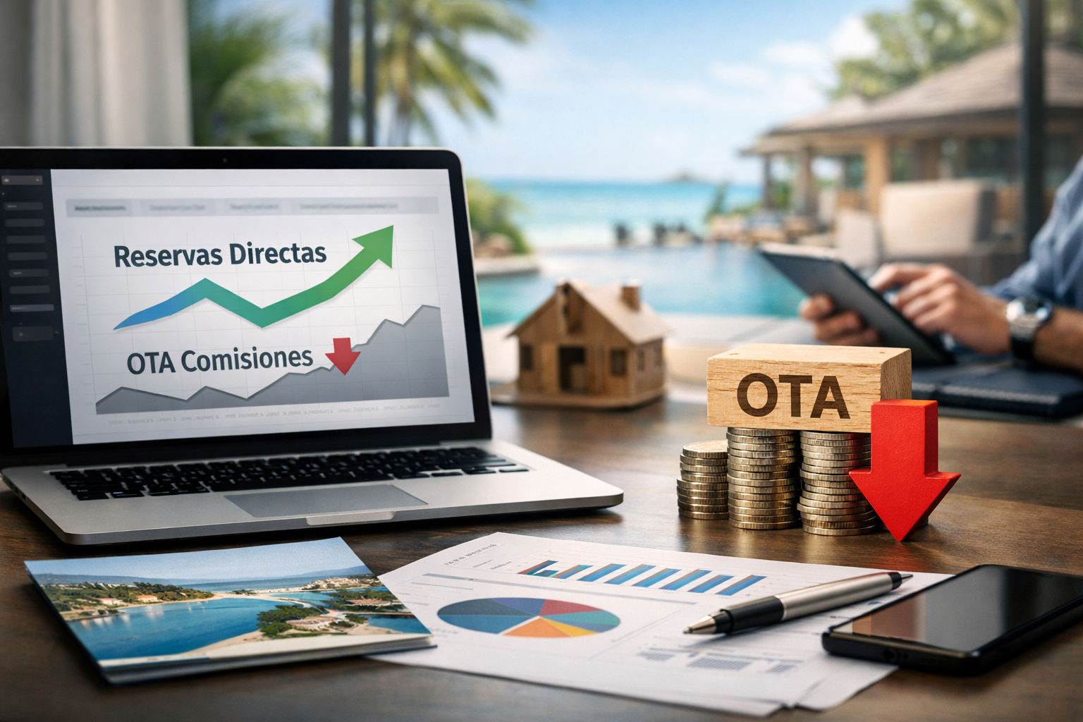 Laptop mostrando crecimiento de reservas directas mientras se analizan comisiones de OTAs en un negocio turístico frente a un hotel o resort