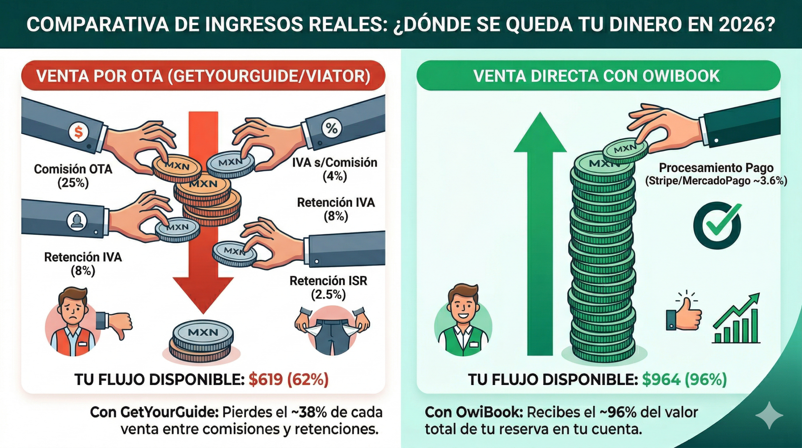 Infografía comparativa de ingresos reales 2026: Venta por OTA (GetYourGuide/Viator) vs. Venta Directa con OwiBook, mostrando retenciones de ISR e IVA y comisiones.