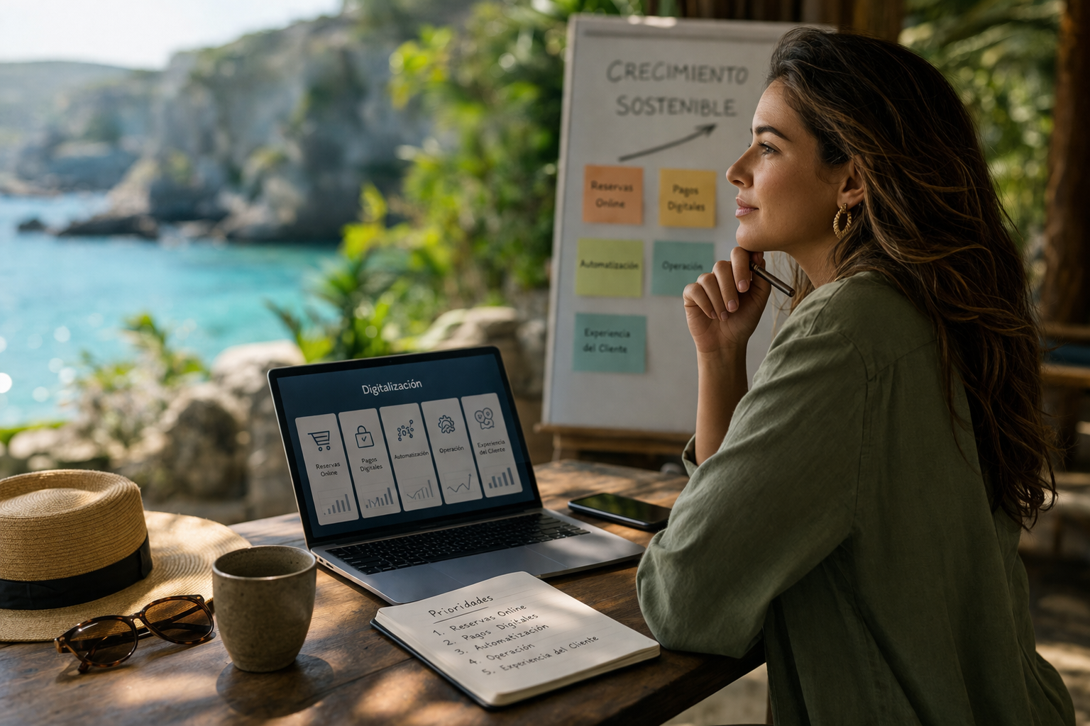 Operadora turística planificando la digitalización de su negocio con laptop, notas y vista al mar en un entorno de trabajo