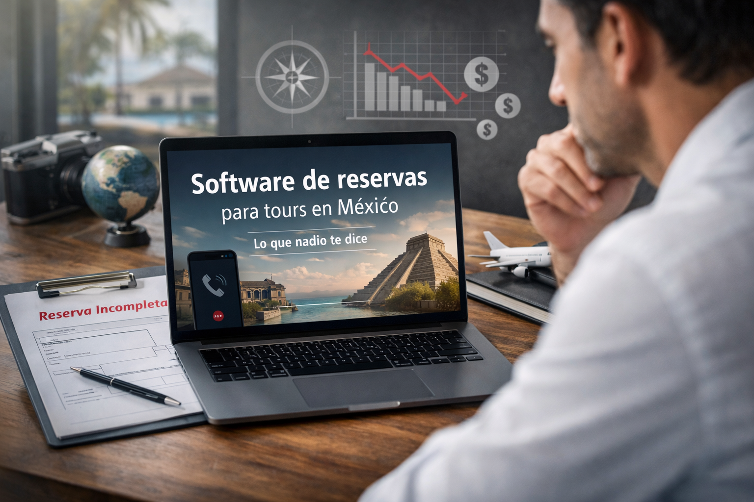 Operador turístico analizando un software de reservas en su laptop mientras revisa datos de ventas y disponibilidad